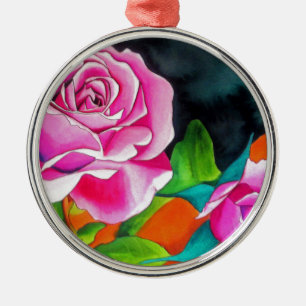 Ornamento De Metal Rosa Rosa com arte de aquarela laranja