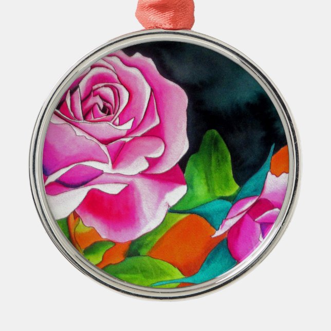 Ornamento De Metal Rosa Rosa com arte de aquarela laranja (Frente)