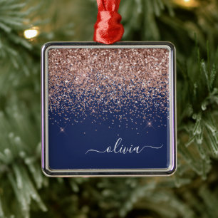 Ornamento De Metal Rosa Rosa Cor-de-Rosa Rosa Dourada Monograma Azul
