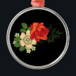 Ornamento De Metal Rosa vermelha e fundo preto das margaridas<br><div class="desc">Belo e colorido buquê de flores,  rosas vermelhas e margaridas brancas sobre fundo preto.</div>