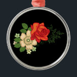 Ornamento De Metal Rosa vermelha e fundo preto das margaridas<br><div class="desc">Belo e colorido buquê de flores,  rosas vermelhas e margaridas brancas sobre fundo preto.</div>