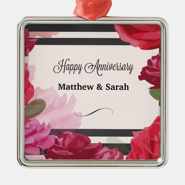 Ornamento De Metal Rosas de Aniversário de Casamento, Stripes, Nomes  (Frente)