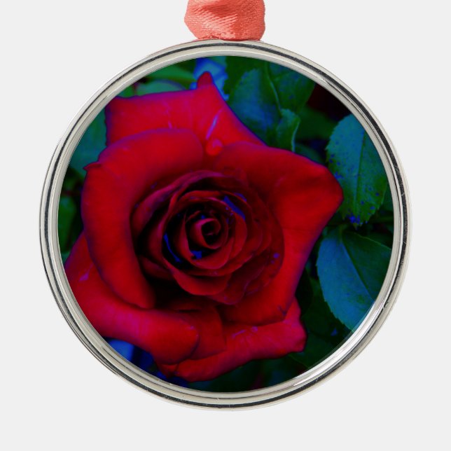 Ornamento De Metal Rosas vermelhas com tons azuis (Frente)