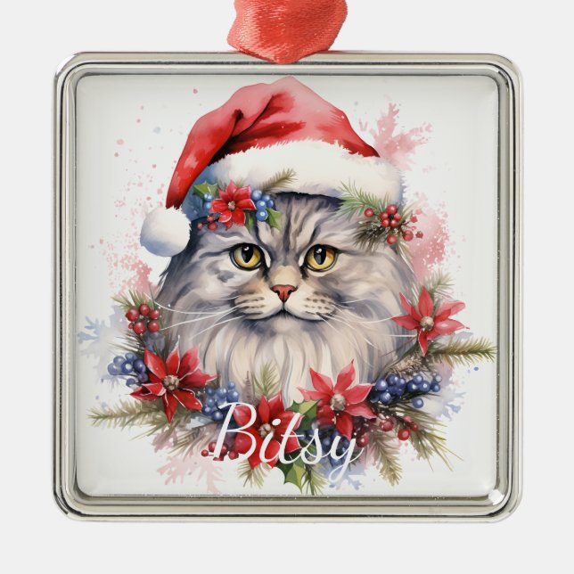 ORNAMENTO DE METAL ROSTO DE GATO DE NATAL FLUFFY (Frente)
