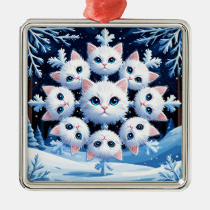 Ornamento De Metal Rostos de Gatos Brancos Fofos Organizados em um Fl