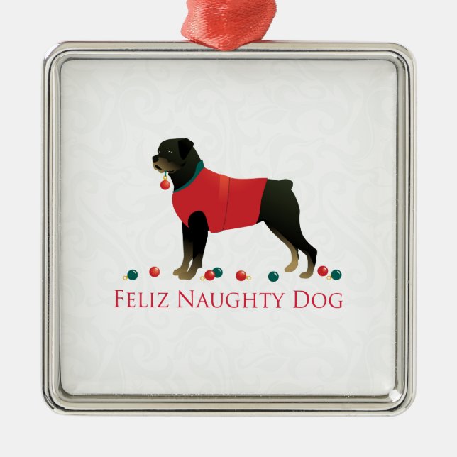 Ornamento De Metal Rottweiler Feliz Naughn, Design de Natal (Frente)