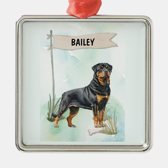 Ornamento De Metal Rottweiler Watercolor Personalized Dog (Frente)