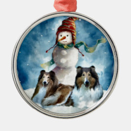 Ornamento De Metal Rough Collie com Snowman no Natal