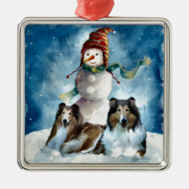 Ornamento De Metal Rough Collie com Snowman no Natal