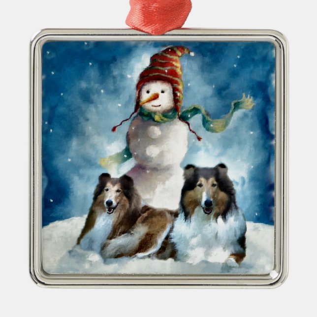 Ornamento De Metal Rough Collie com Snowman no Natal (Frente)