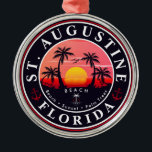 Ornamento De Metal Rua Augustine Beach Palm Trees Sunset<br><div class="desc">Rua Augustine Florida. Esta design de retrô faz um Natal excelente ou presente de aniversário para fãs da Rua Augustine Beach. O retroverão vibes design é um presente perfeito para amantes de viagem e fãs de destinos tropicais. - " Você pode personalizar e modificar esse modelo ajustando, alterando ou excluindo...</div>