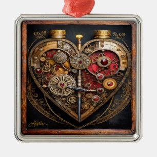 Ornamento De Metal Rubis e Engrenagens Steampunk Coração Sombrio