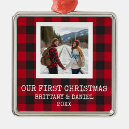 Ornamento De Metal Rustic Buffalo Plaid First Christmas