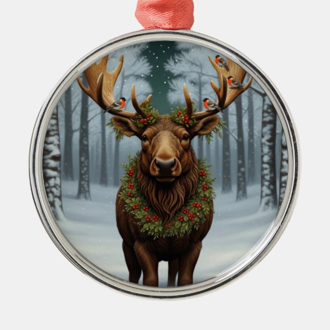 Ornamento De Metal Rustic Christmas moose winter woodland forest  (Frente)