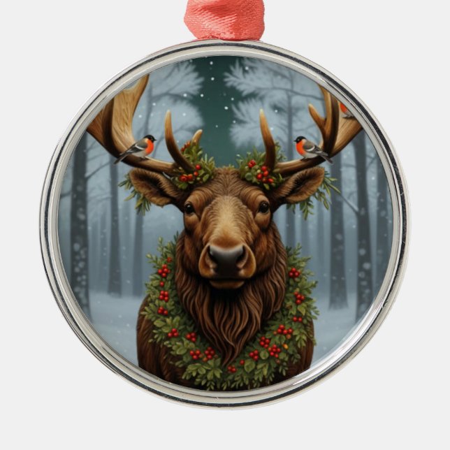 Ornamento De Metal Rustic Christmas moose winter woodland forest  (Frente)
