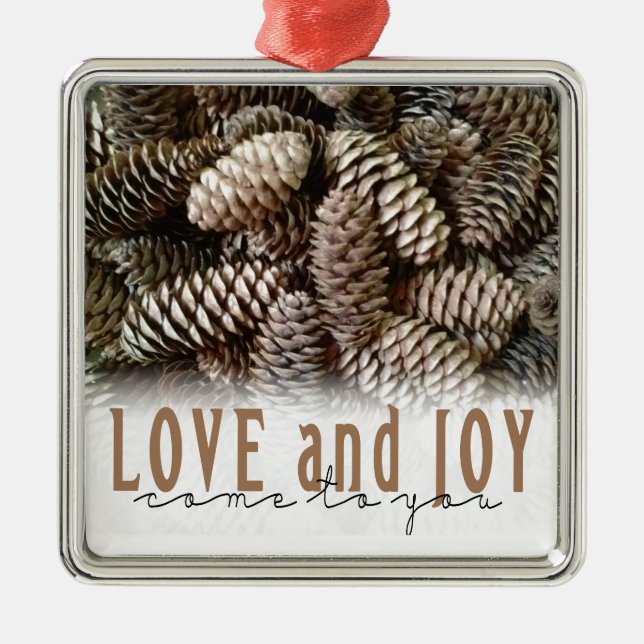 Ornamento De Metal Rustic Holiday Love and Joy Pine Cone (Frente)