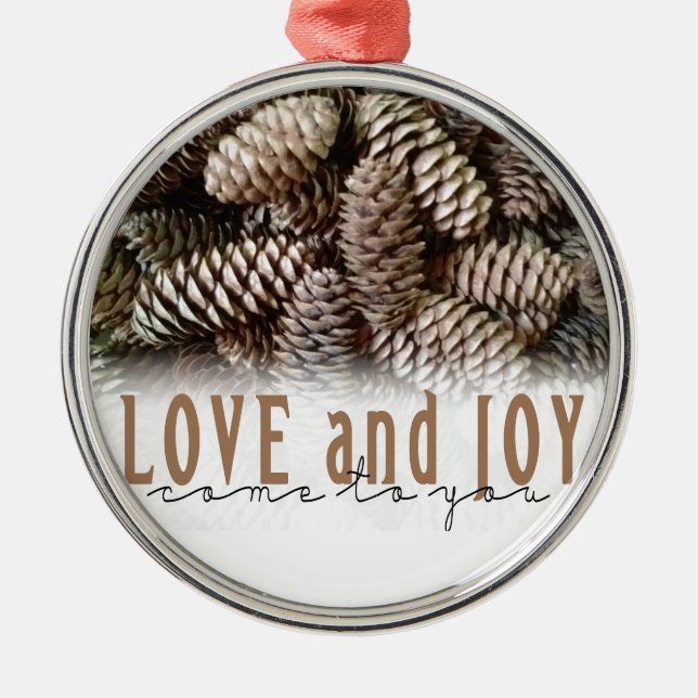 Ornamento De Metal Rustic Holiday Love and Joy Pine Cone (Frente)