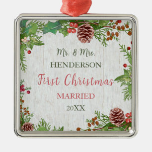 Ornamento De Metal Rustic Newlyweds 1rua Milestone de Natal