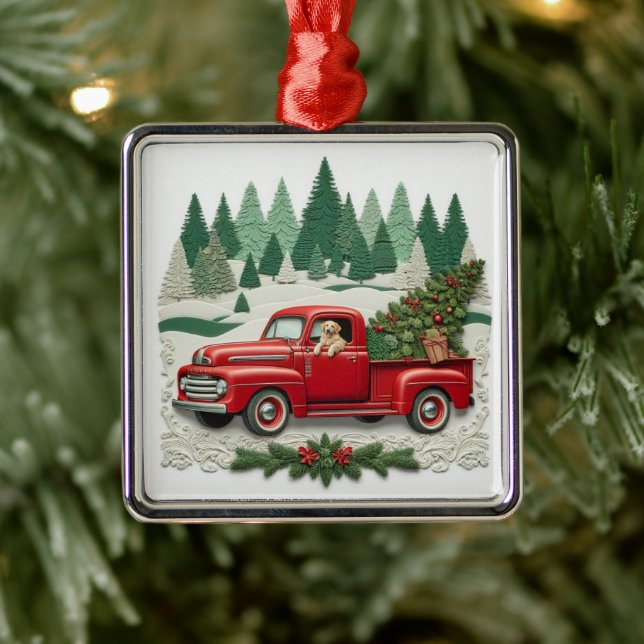 Ornamento De Metal Rustic Red Pickup Truck Christmas Tree  (Árvore)