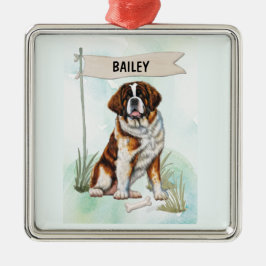 Ornamento De Metal Saint Bernard Watercolor Personalized Dog