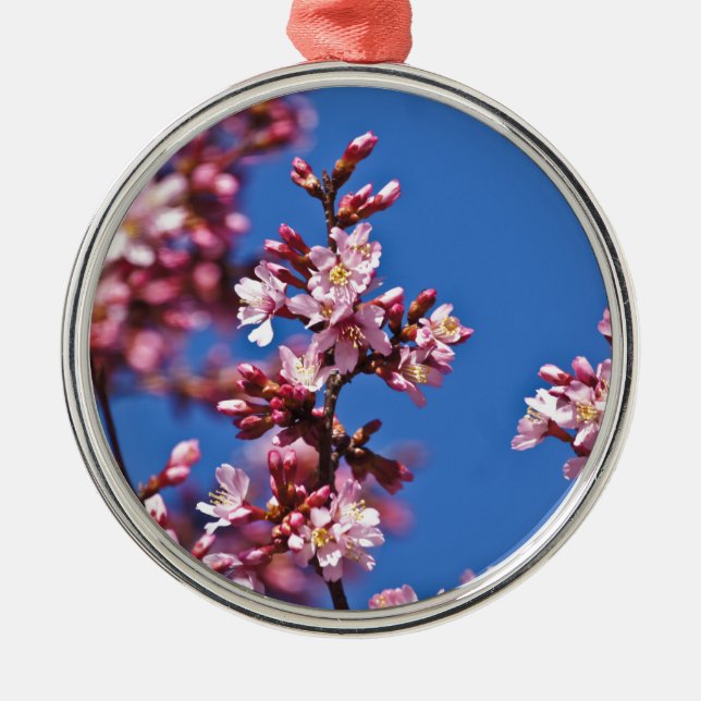 Ornamento De Metal Sakura Cherry Blossoms tocando azul (Frente)