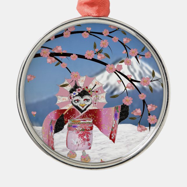 Ornamento De Metal Sakura Geisha Bird no Snow Cherry Blossoms (Frente)