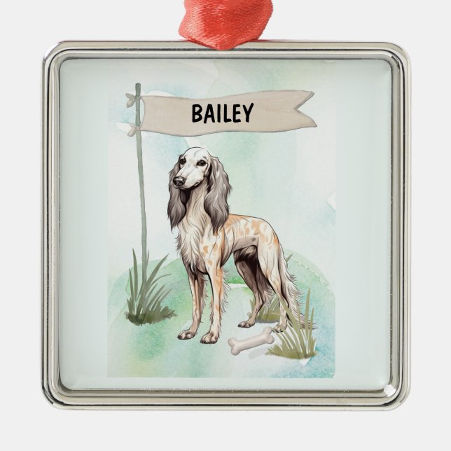 Ornamento De Metal Saluki Watercolor Personalized Dog (Frente)