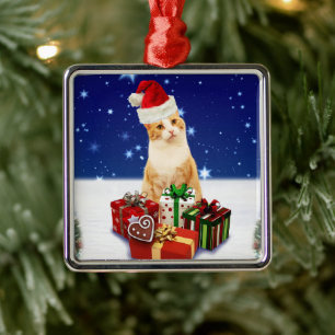 Ornamento De Metal Santa Claus Cat com presente de Natal