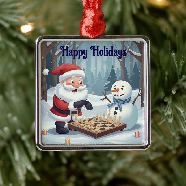 Ornamento De Metal Santa playing chess with a snowman Ornament (Árvore)