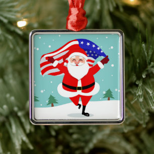 Ornamento De Metal Santa running with american flag