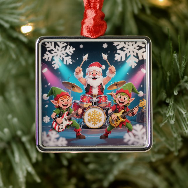 Ornamento De Metal Santa's Drumming Rock Band Ornament (Árvore)