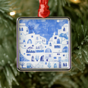 Ornamento De Metal Santorini Grécia Watercolor