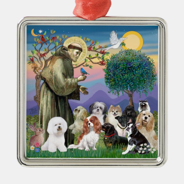Ornamento De Metal São Francisco com 10 Cães (Frente)