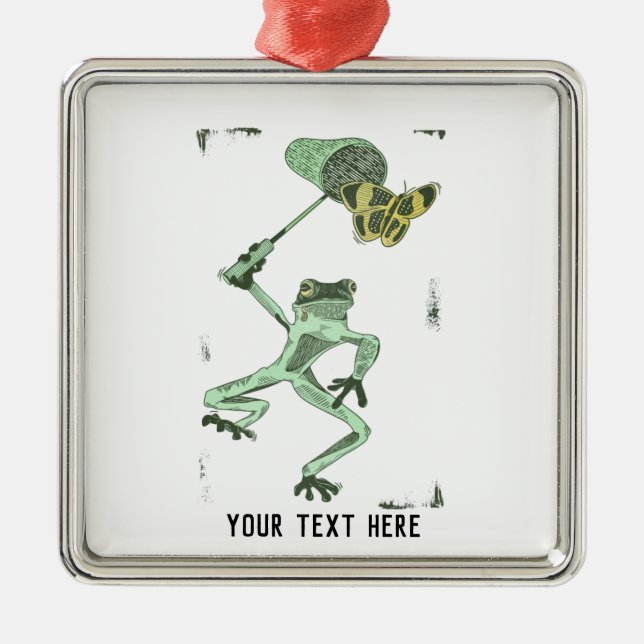 Ornamento De Metal Sapo engraçado perseguindo uma borboleta (Frente)