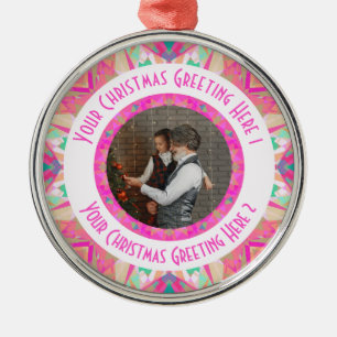 Ornamento De Metal Saudação de Fotografia Rosa com Feliz da Estrela d