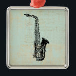 Ornamento De Metal Saxofone Vintage Mint Música Verde<br><div class="desc">Uma ilustração saxofônica da antiga arte antiga com um histórico clássico do estilo de papel musical verde-menta. Faz um presente de excelente para qualquer um que ama música.</div>