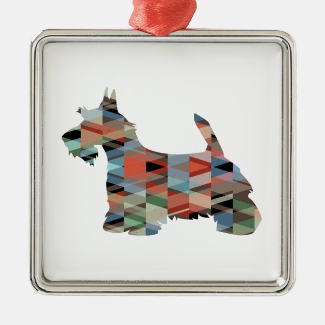 Ornamento De Metal Scottie Terrier Gemetric Pattern Silhouette Xadrez (Frente)