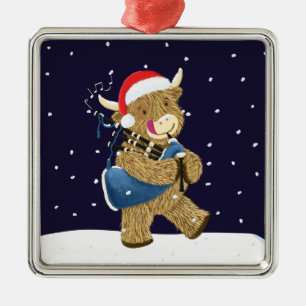 Ornamento De Metal Scottish Highland Cow Christmas Piper