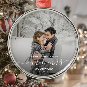 Ornamento De Metal Script Branco de Fotografia Personalizada do Natal
