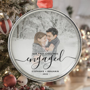 Ornamento De Metal Script de Foto Personalizado em Primeiro Natal Env