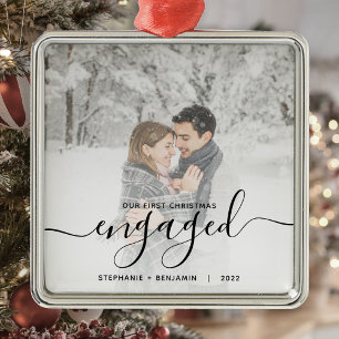 Ornamento De Metal Script de Foto Personalizado em Primeiro Natal Env