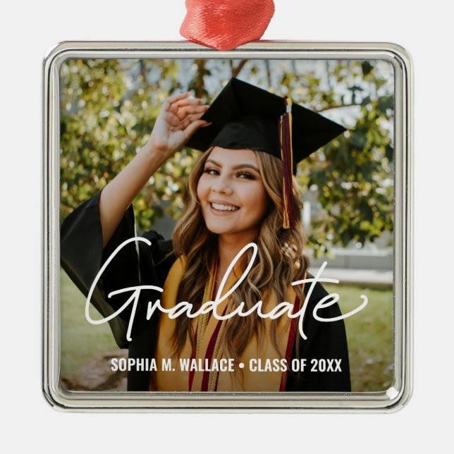 Ornamento De Metal Script Moderno Personalizado Foto Graduado (Frente)