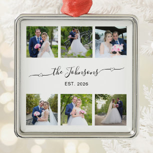 Ornamento De Metal Seis Coração de Foto de Casamento Assinatura Swash