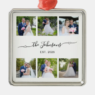 Ornamento De Metal Seis Coração de Foto de Casamento Assinatura Swash