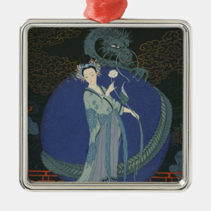 Ornamento De Metal Senhora com um dragão (litho da cor)