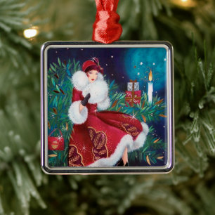 Ornamento De Metal Senhora retro do natal vintage do art deco festivo