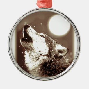 Ornamento De Metal Sepia Wolf & Moon