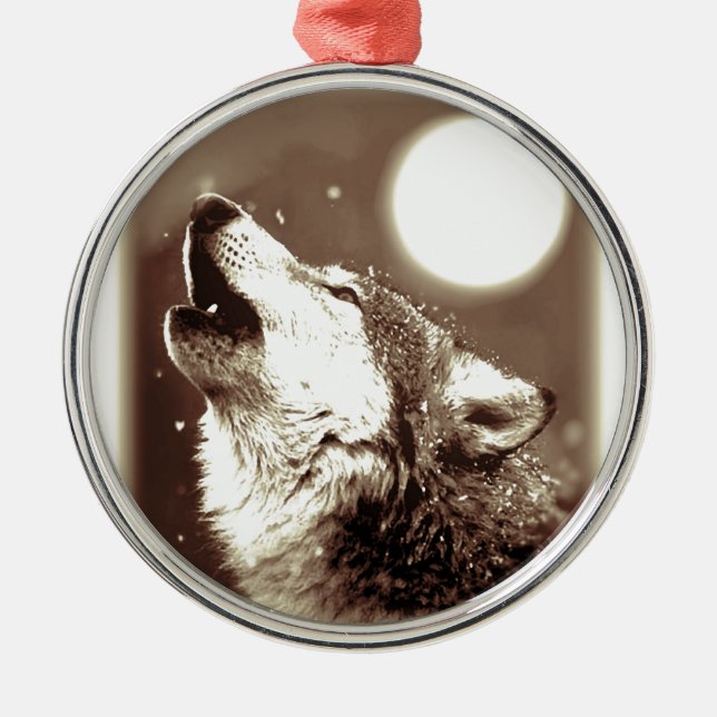 Ornamento De Metal Sepia Wolf & Moon (Frente)
