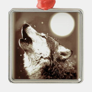 Ornamento De Metal Sepia Wolf & Moon
