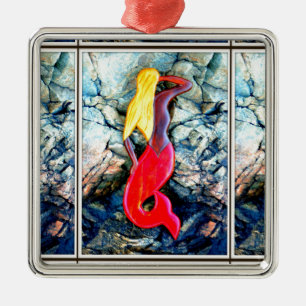 Ornamento De Metal sereia loira em granito vermelho